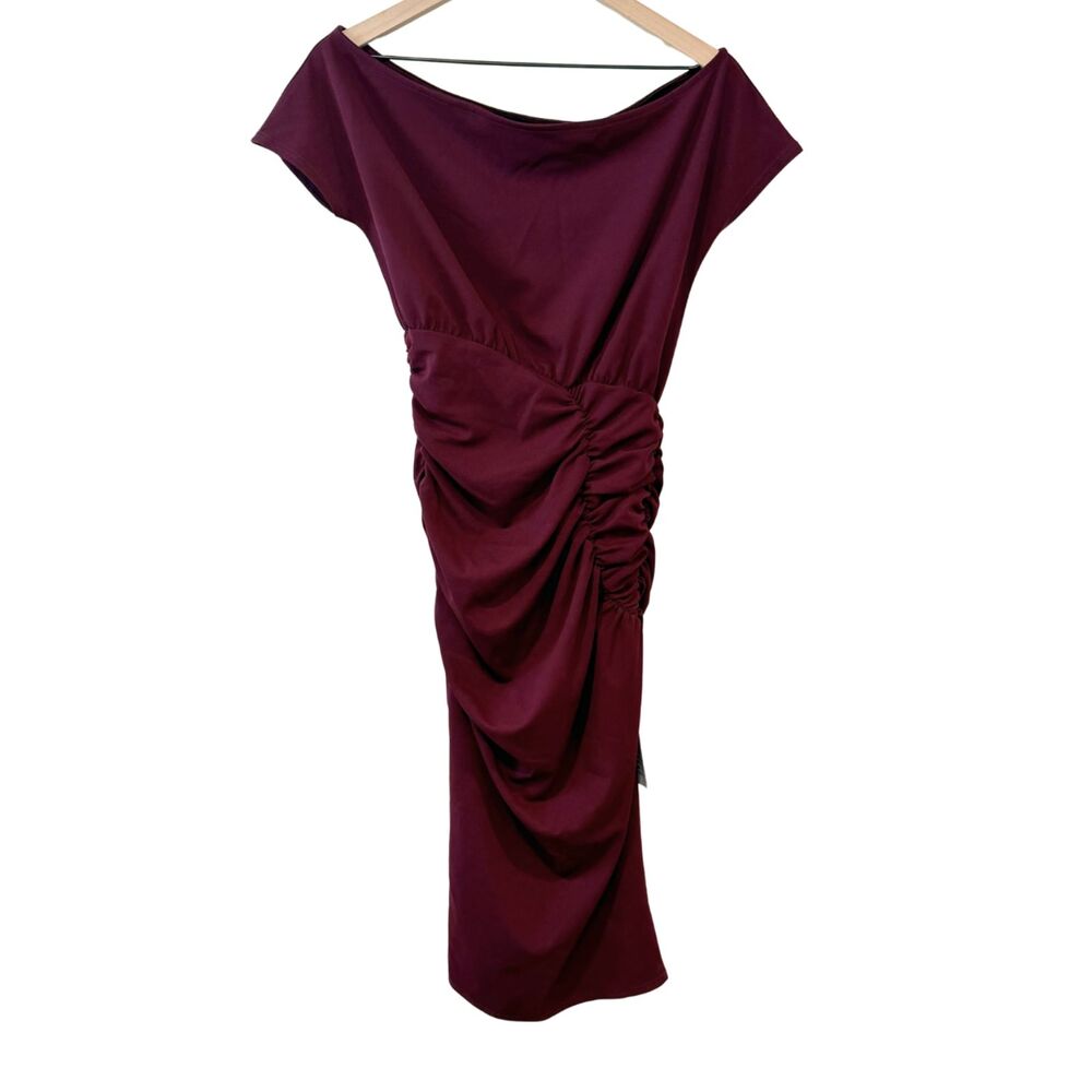 Asos Design Burgundy Maroon Off Shoulder Ruched Bodycon Midi Dress Size 6 NWOT